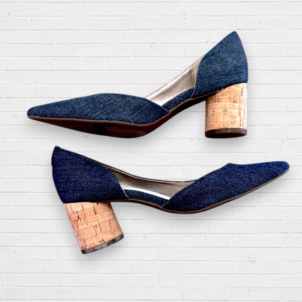 ANN KLEIN Necessity Blue Denim Round Cork Heels Shoes Women's 6 - Picture 4 of 8